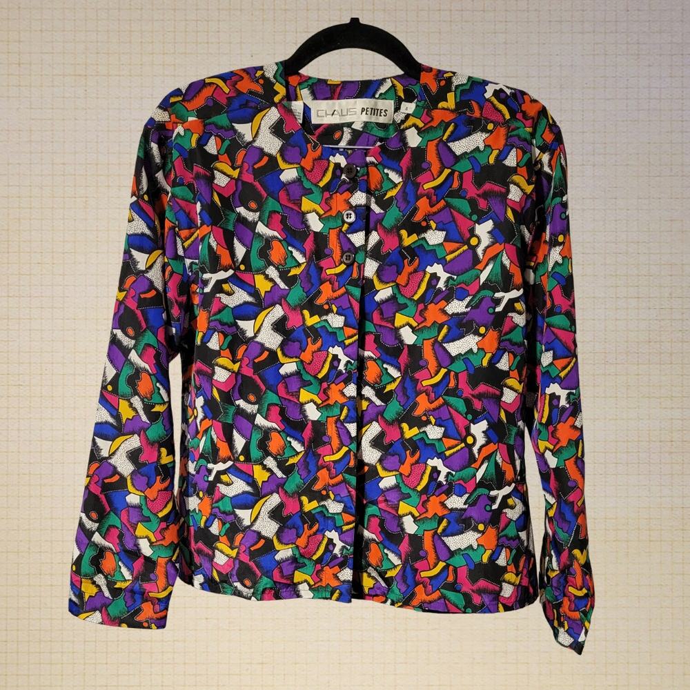 80s Retro Colorful Abstract Print Blouse Claus Petites Size 4 Polyester Silky